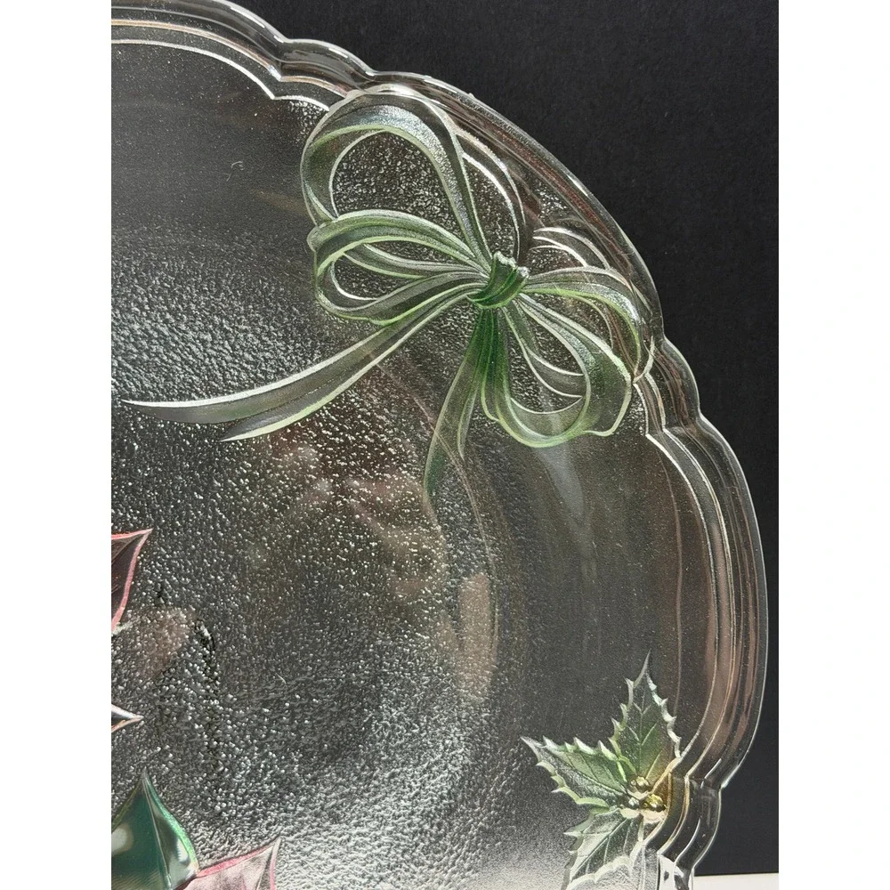 Mikasa Holiday Poinsettia Glass Platter Christmas Serving Plate Textured Floral
